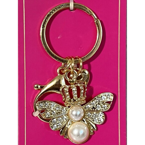 RARE Juicy Couture Queen Bee Pearl Keychain Bag Charm Gold Rhinestone BLING - Picture 8 of 16